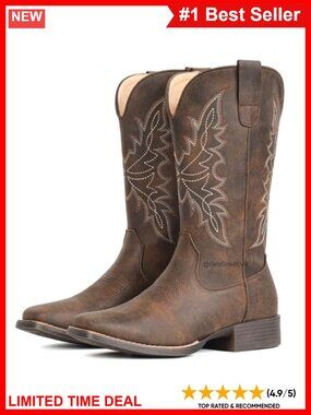 Mid-Calf Western Cowboy Boots Square Toe Faux Leather Slip On